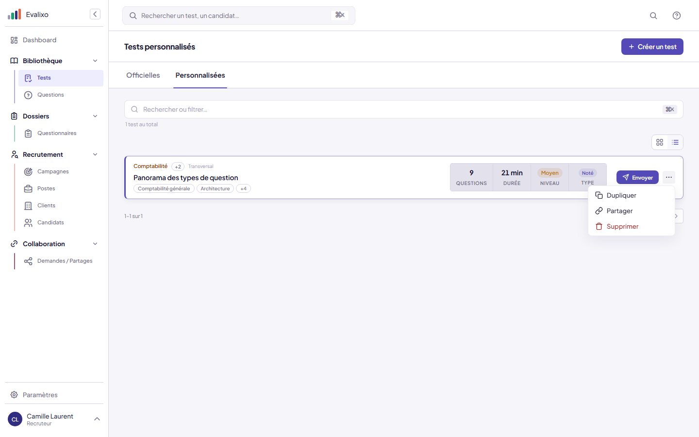 Menu d'actions d'une carte de test