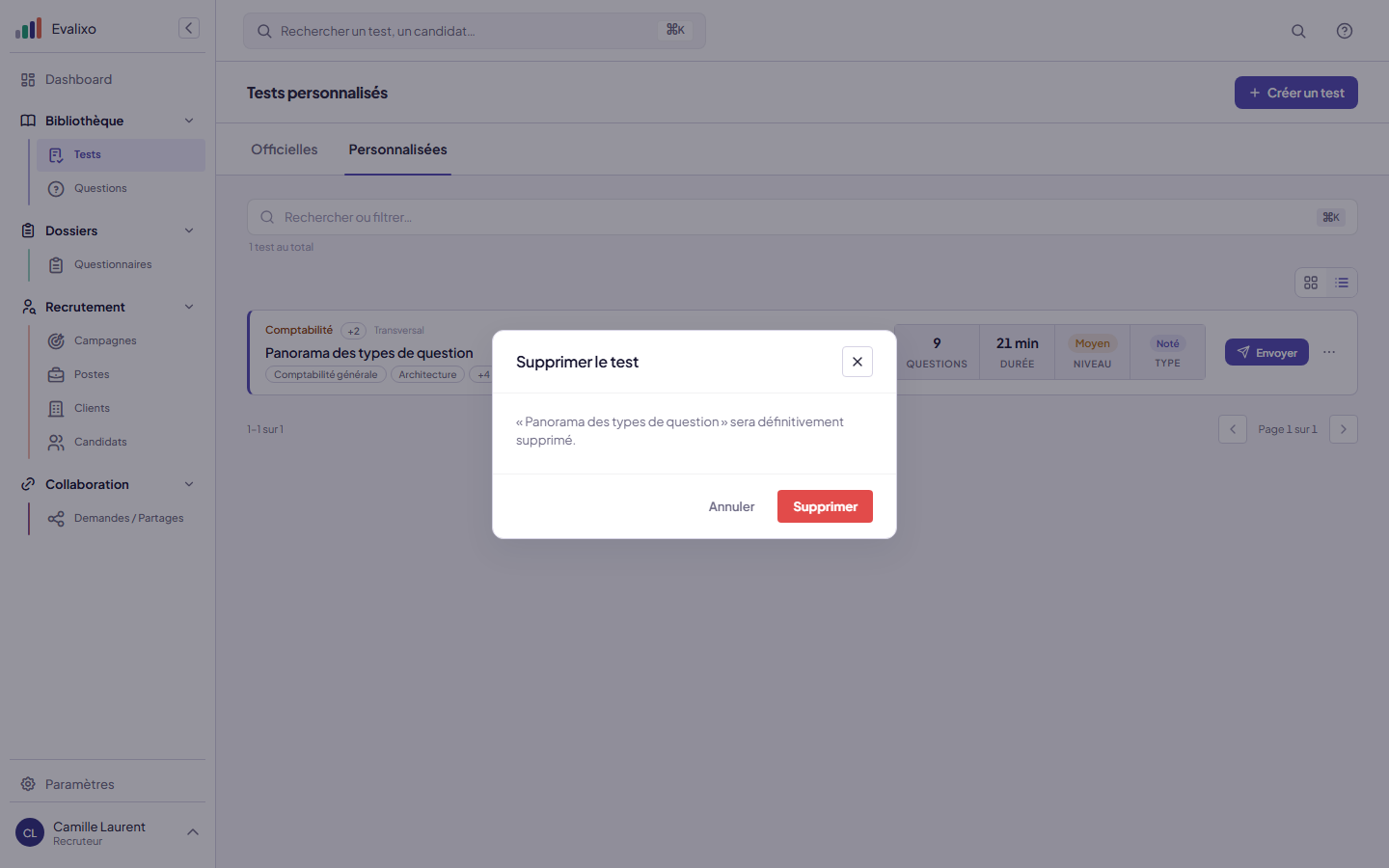 Confirmation de suppression d'un test