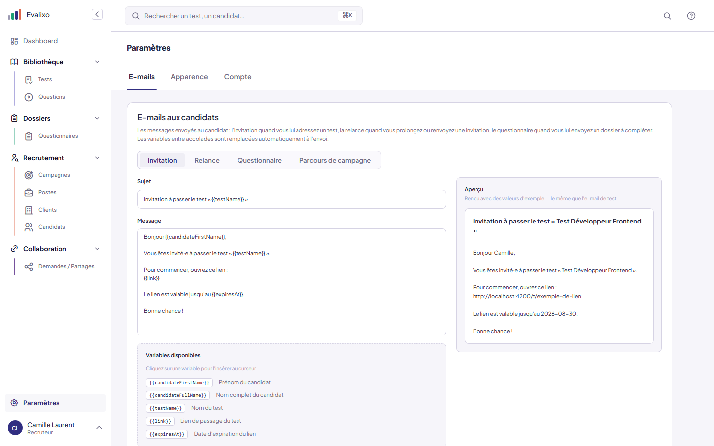 Paramétrage des e-mails